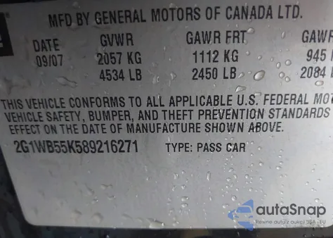 2008 Chevrolet Impala Ls z USA, uszkodzony, nr VIN 2G1WB55K589216271